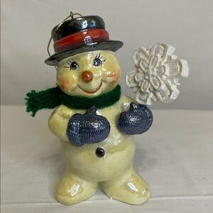 VINTAGE Festive Snowman Ornament with Green Scarf and Black Hat